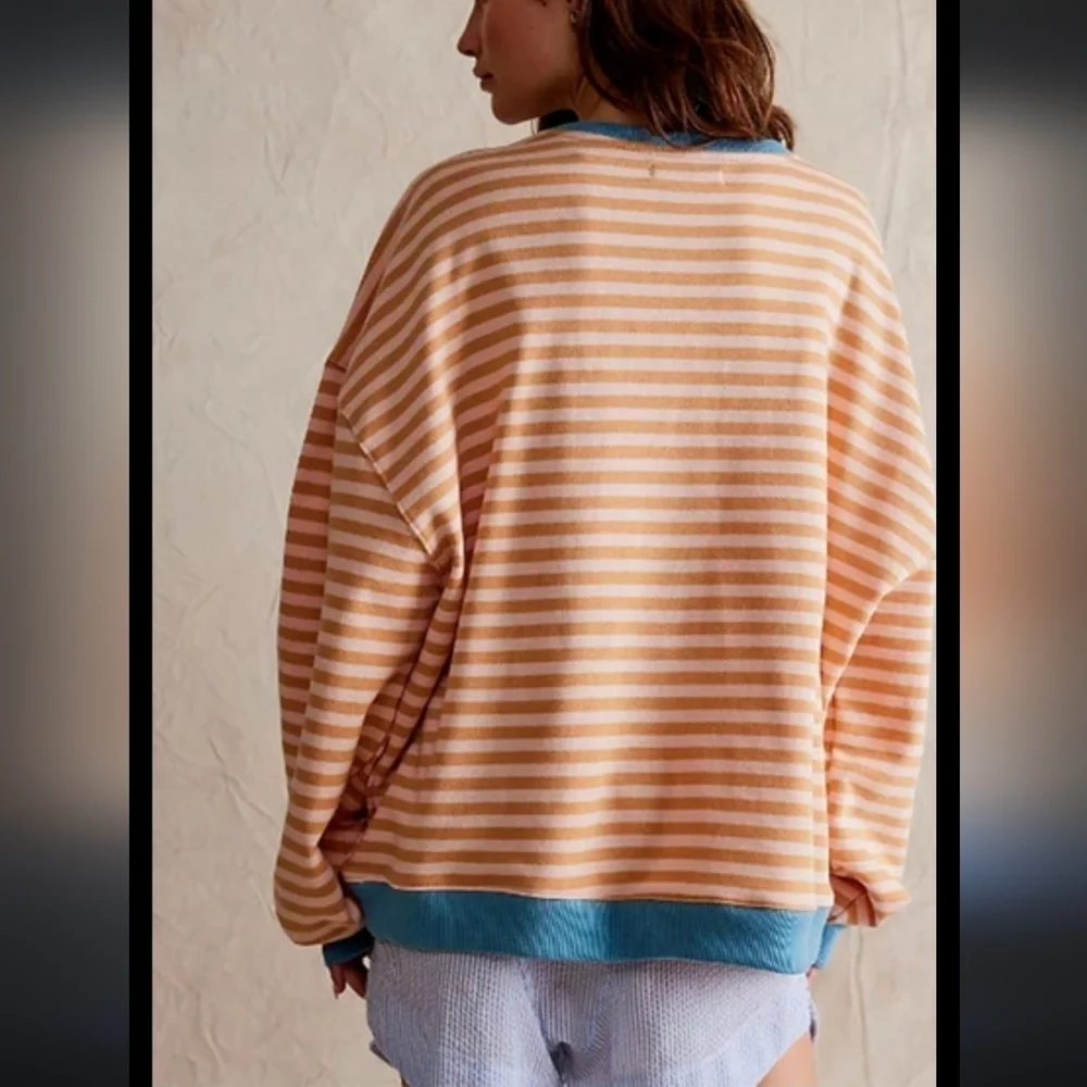Free People Classic Striped Oversized Crewneck Sweatshirt  Sweater NEW! - Picture 3 of 6